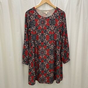 Anthropologie S Paper Crown Long Sleeve Red Blue White Print Baby Doll Dress